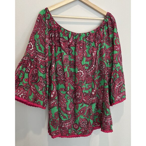 Crown & Ivy Women's Top Plus Size 2XL Off Shoulder Paisley Peasant Boho Stretch - Picture 1 of 10